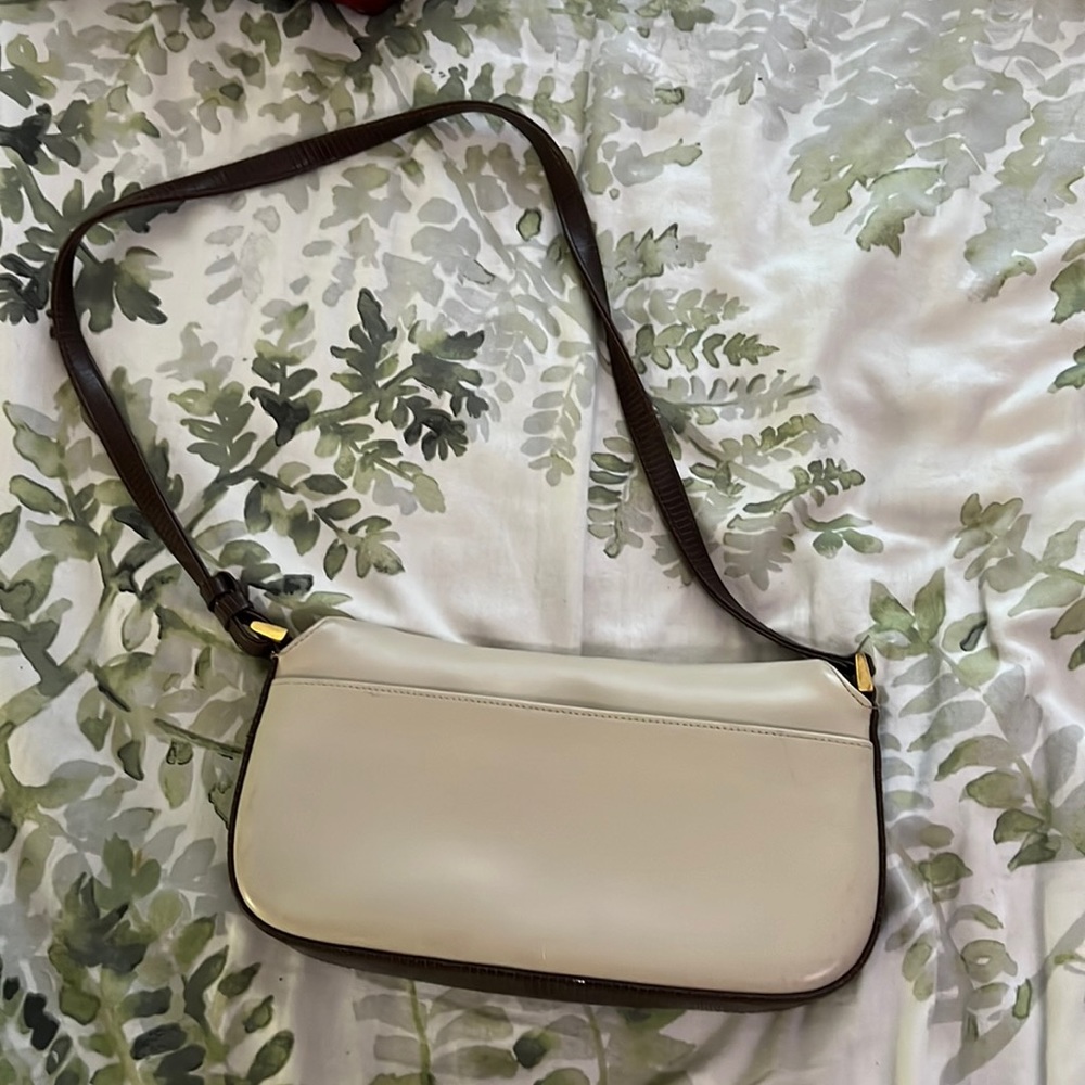 Available- Vintage Y2K Brown and Cream Faux Leather 2000s Shoulder Bag Small - Picture 4 of 5